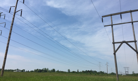 Transmission lines spanning across a rural landscape with green fields and scattered trees, under a clear sky.