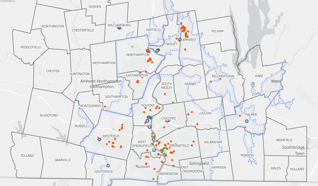 A map of existing EV charging stations in the Pioneer Valley.