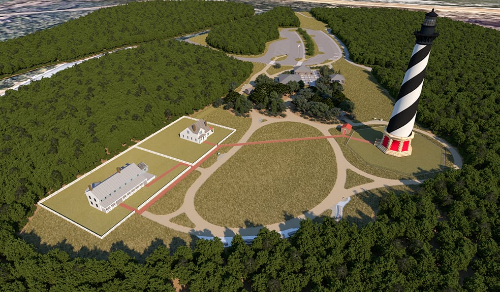 Birdseye rendering of a black & white striped lighthouse and surrounding grounds. 