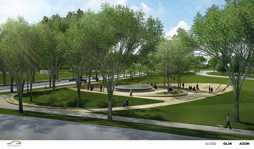 Artist’s colored image of proposed memorial design with people and landscape elements.