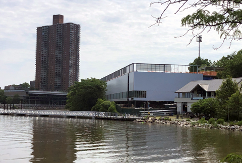 Waterfront tennis facility under construction.