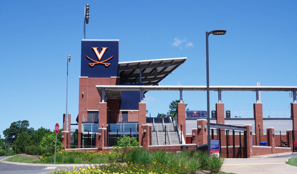 Plantings in bloom in front of the entrance to UVA’s Davenport Field. 