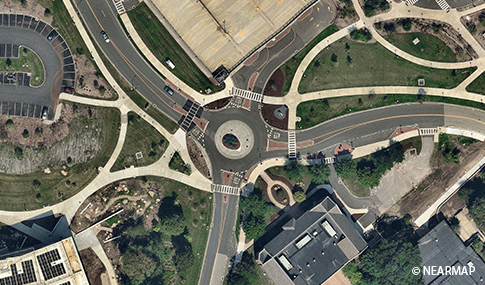 Aerial view of four-way stop intersection