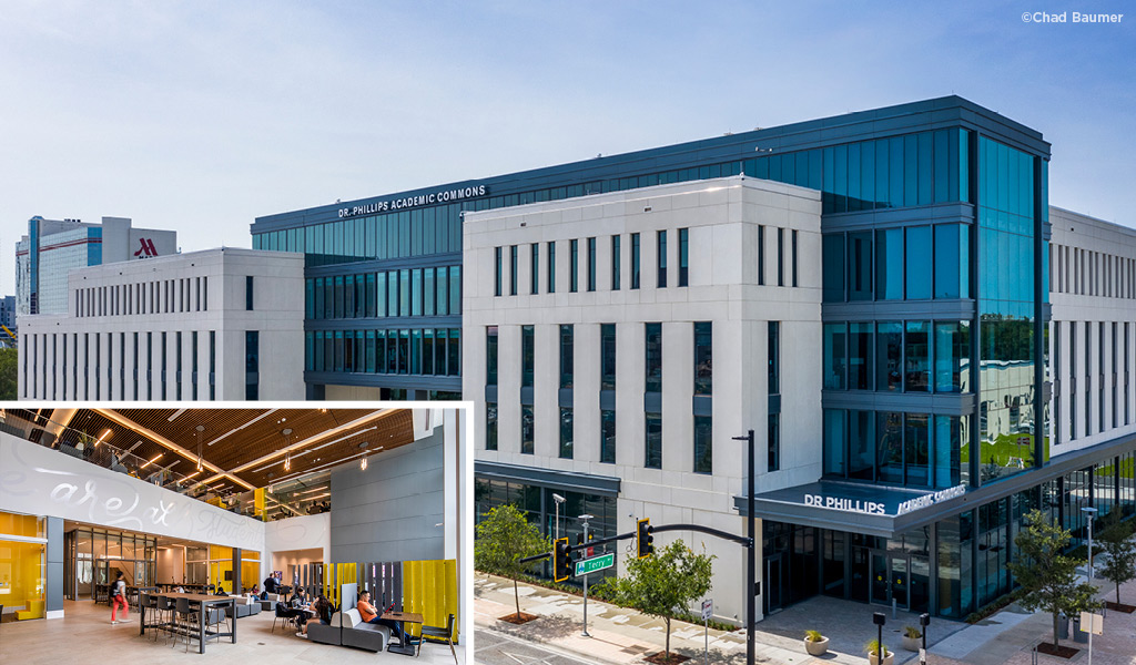 Exterior of new Dr. Phillips Academic Commons building with Modern, interior common space with student relaxing at tables and couches inset.