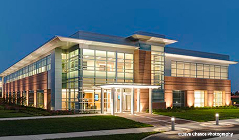 Evening view of the entrance to LifeNet Health research building.