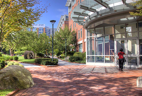 A visitor walks along a shaded path into one of the buildings in University Park.