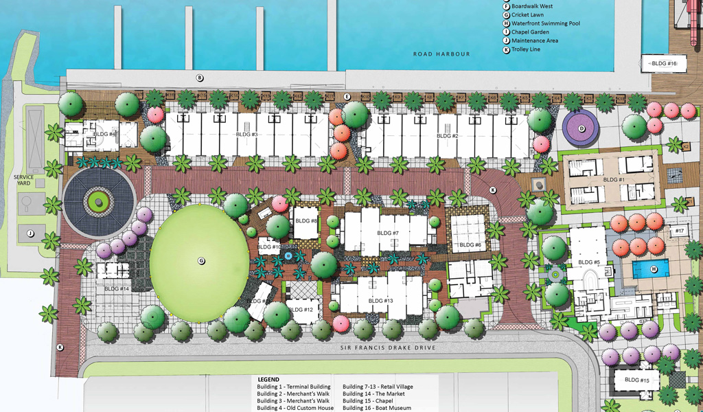 Plan of pier layout, buildings and amenities.