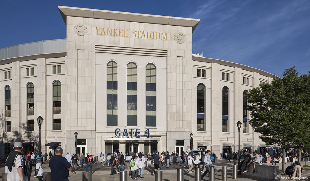 Visitors congregate outside of Yankee Stadium in New York.