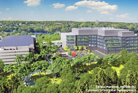 Oblique aerial rendering of the exploratory lab building with adjacent parking lot and parking garage. 