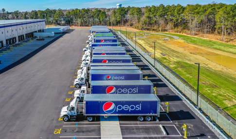 Aerial view of trucks parked at the Pepsi distribution center in Chesterfield County, Virginia