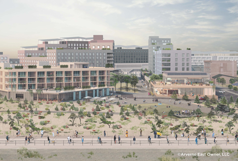 Active urban plaza along a shorefront.