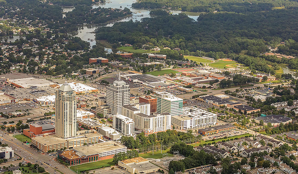 Overview of the mixed-use development of the Town Center of Virginia Beach.