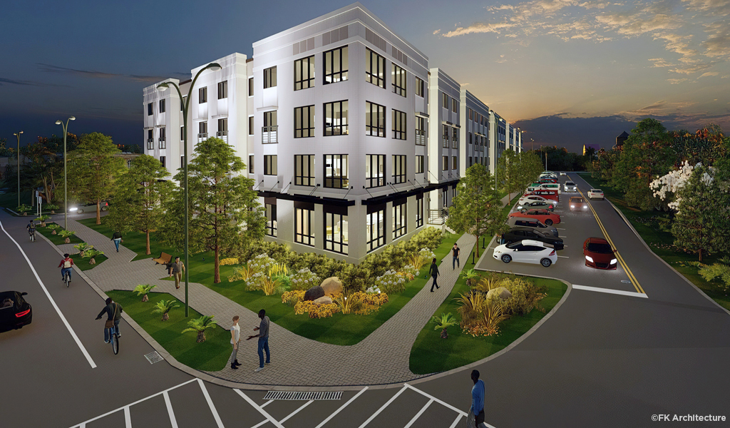 Rendering of the mixed-use residential building, streets and parking areas. 