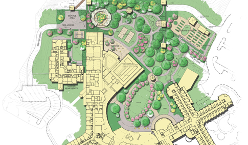 A concept rendering of wellness spaces at Westminster Canterbury that includes pickleball courts, open green spaces, a community garden, and terrace.