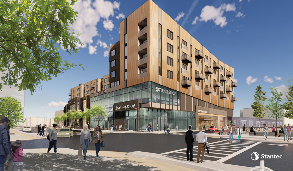 Rendering of the Allston Yards development project, showcasing a modern mixed-use complex with greenery and open public spaces.