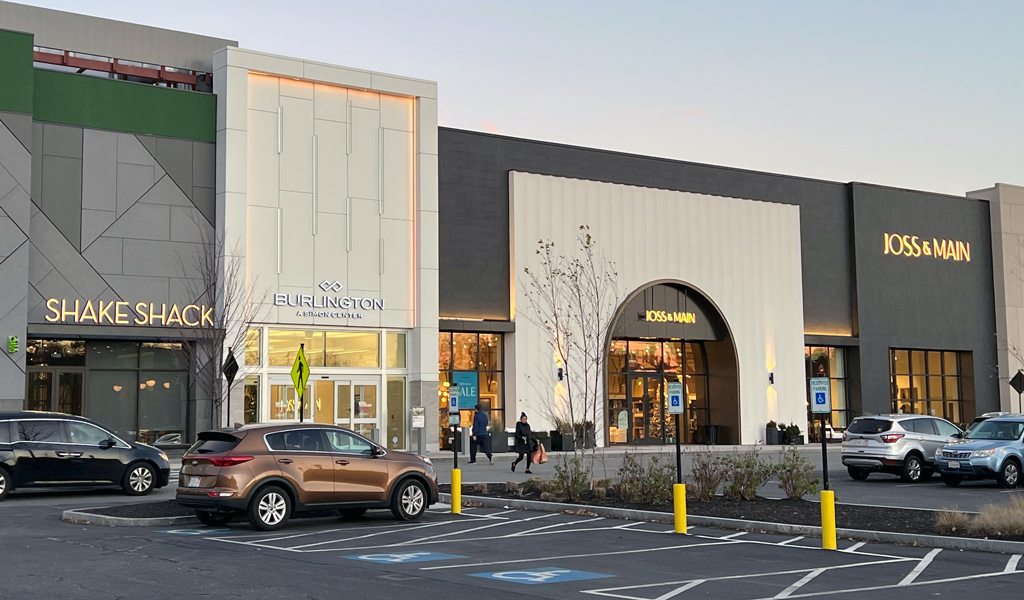 Exterior view of the Burlington Mall’s new retail shops including Shake Shack and Joss & Main.