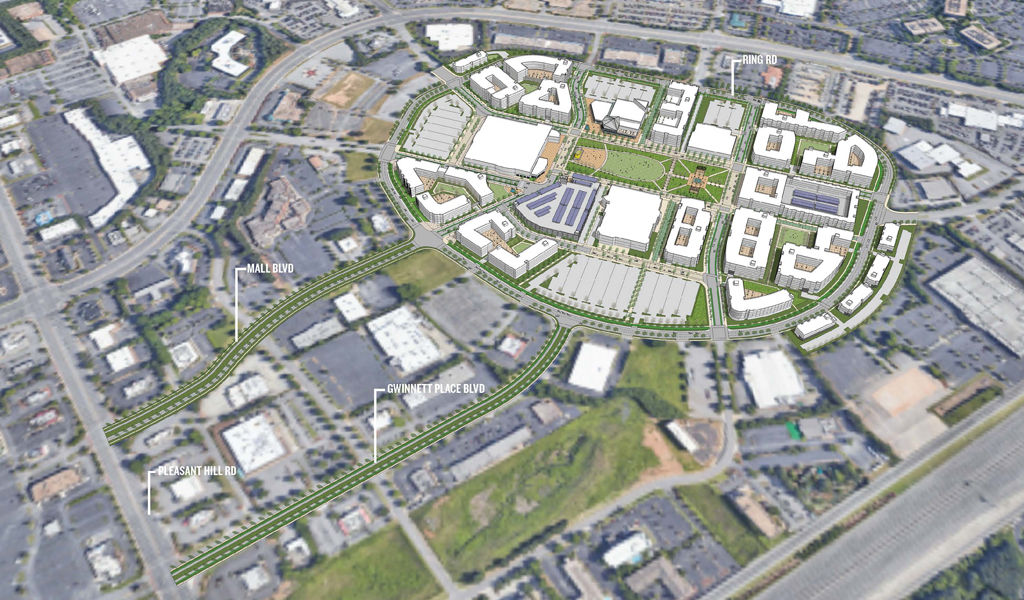 Oblique view and rendering of the Gwinnett Place Mall Redevelopment Plan.