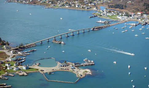 Overhead Scenic view of Beals Island Bridge spanning over water.