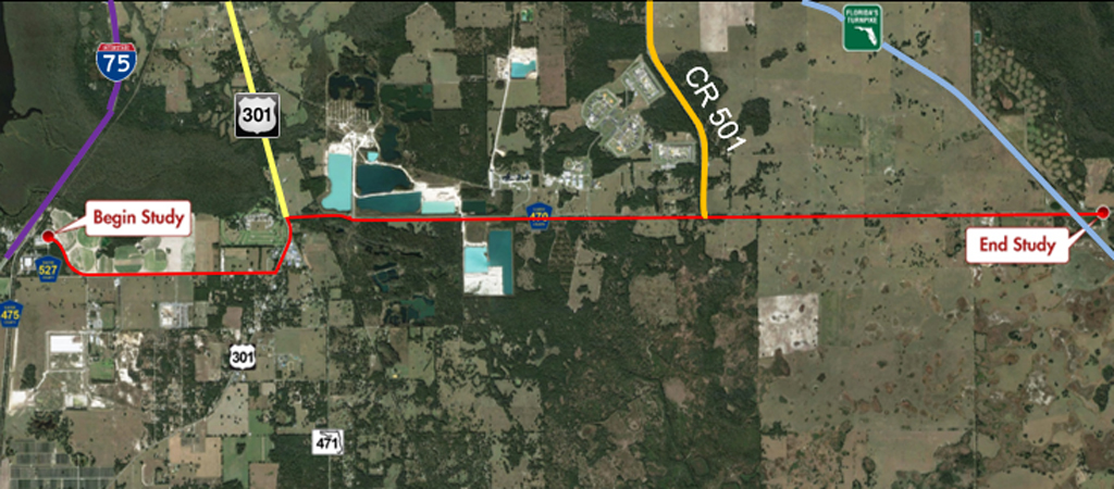 A map of the 470-roadway exchange through Sumter and Lake Counties