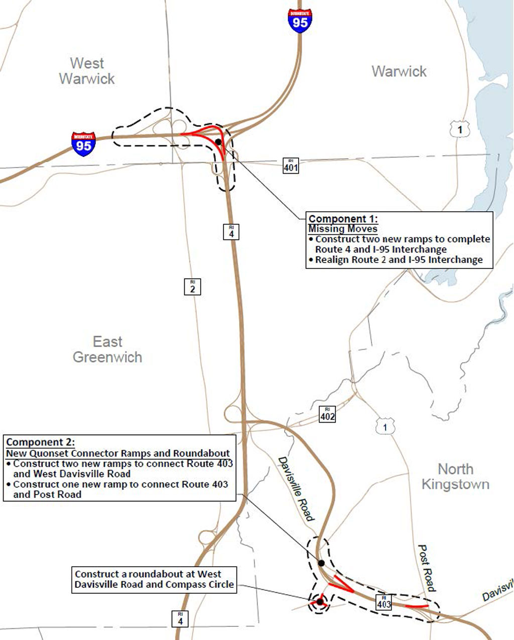 Map showing the locations of RIDOT’s planned new connections.