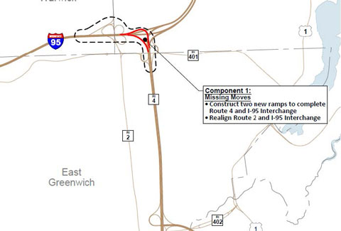 Map showing the locations of RIDOT’s planned new connections.