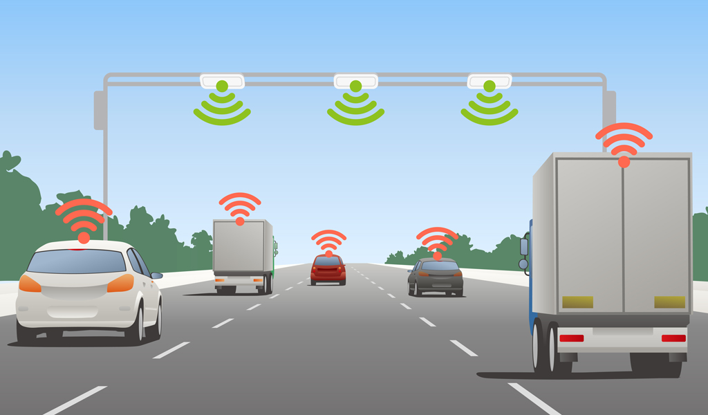 Graphic of vehicles on highway with signals interacting with electronic toll system