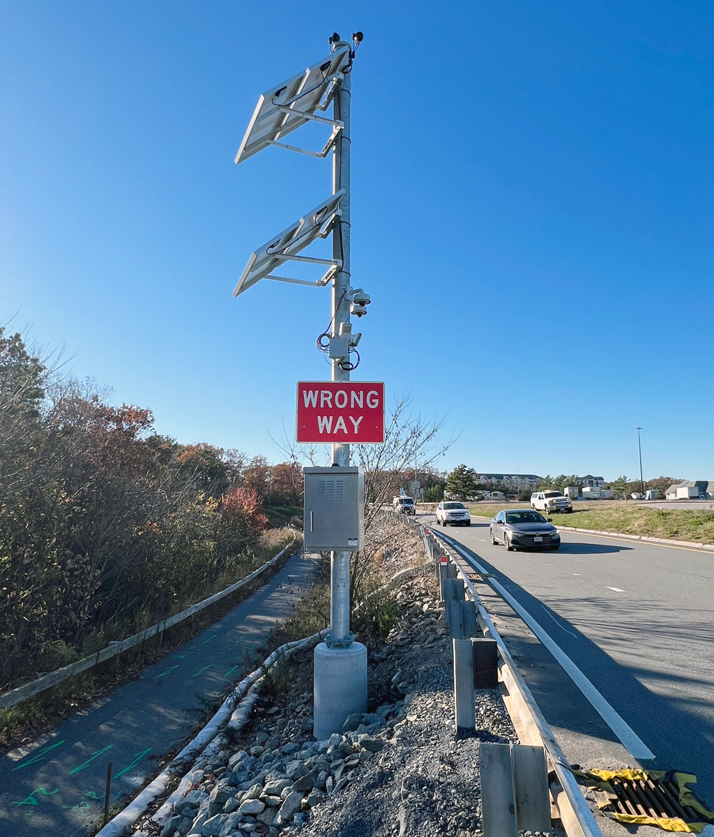 Photo of Wrong-Way Detection system on an off ramp of highway. 