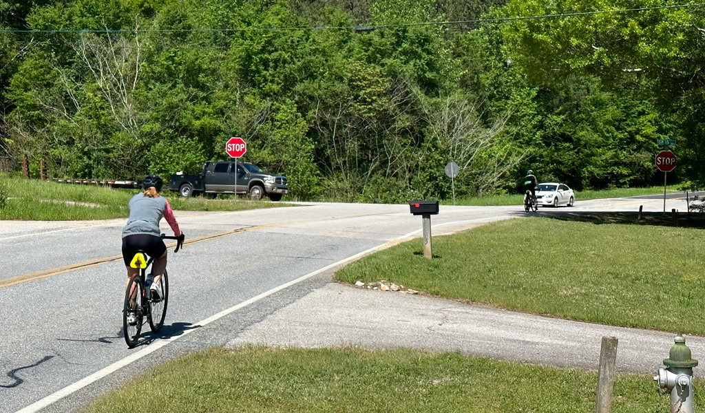 A bicycle rider travels a rural Georgia road.