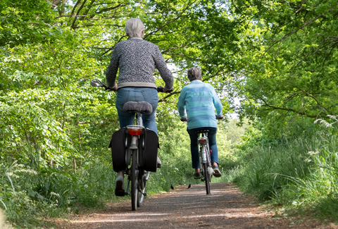 Two bike riders on a rural bike path with trees and greenery.