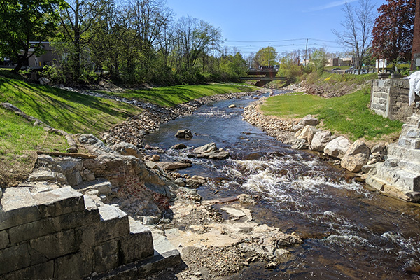 Bellamy River flows freely between remnants of the former upper dam