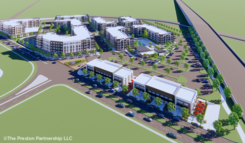 Three-dimensional rendering of a mixed-use development.