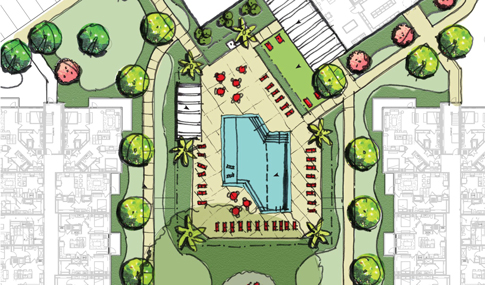 Landscape plan rendering of poolside area at Lake Wire.