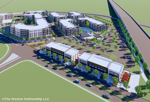 Three-dimensional rendering of a mixed-use development.