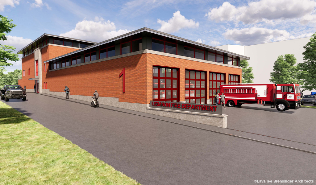 Artist rendering of the new Lebanon Fire Station showing a sidewalk with a pedestrian and a cyclist.