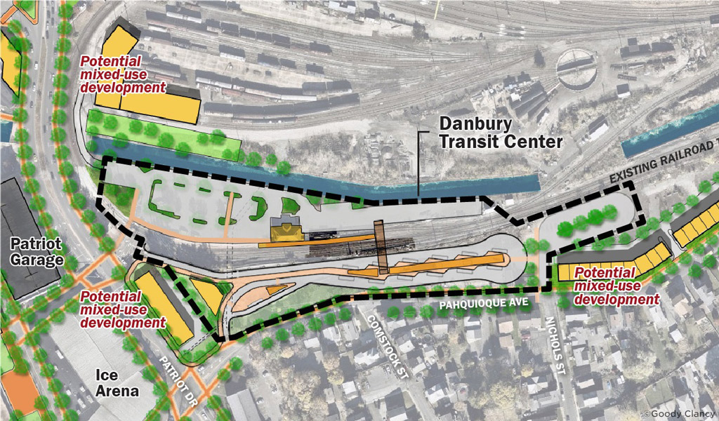 Plans for the Danbury Transit Center, showing existing railroad tracks, potential mixed-use developments, and green spaces.