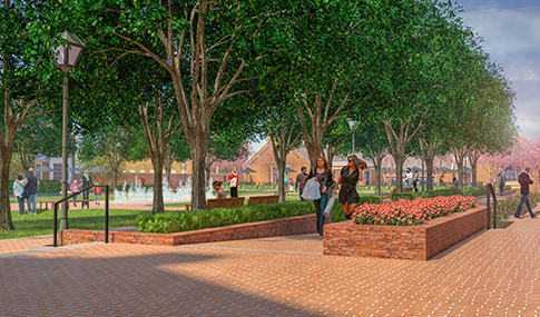 Rendering of Merchant's Square development, showcasing modern mixed-use space.