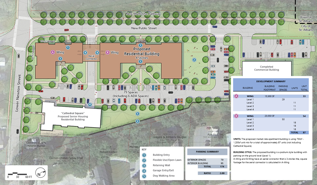 Rendering of property with buildings and parking spaces labeled and a map key.