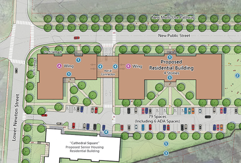 Rendering of property with buildings and parking spaces labeled and a map key.