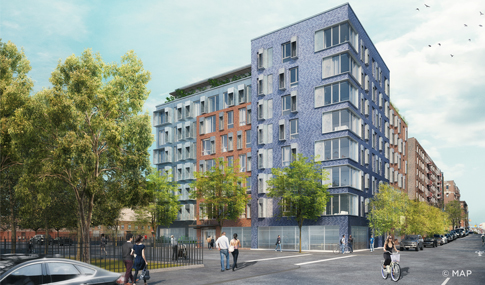 Render of an 8-story building with blue, orange, and metal façade, seen from a street corner.