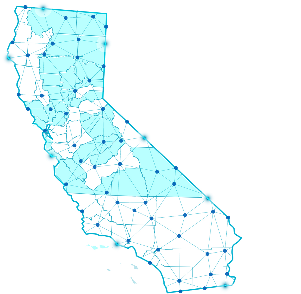 Map of California with cities marked by dots and connected by lines representing broadband infrastructure.