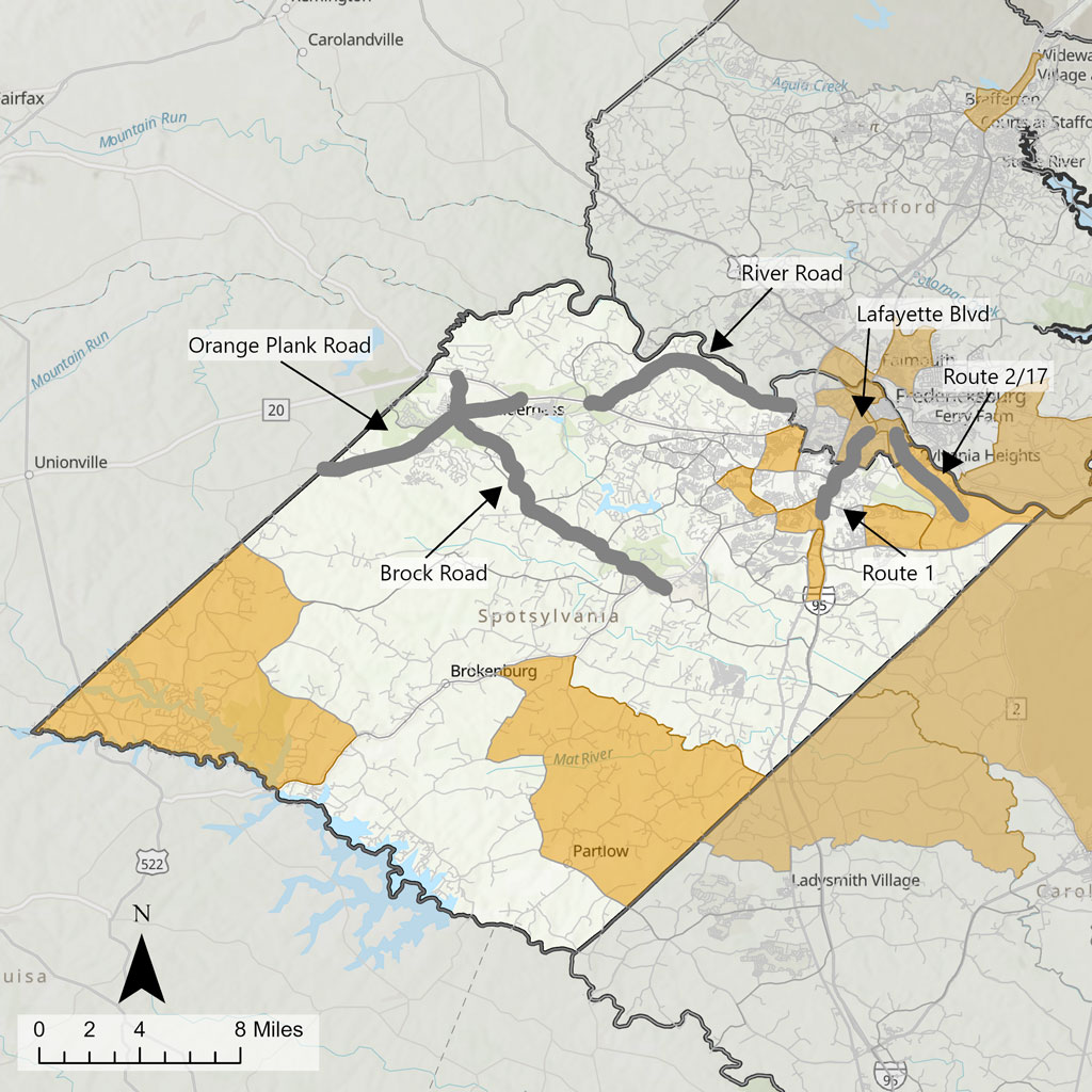 A map highlighting roads in Spotsylvania County, adjacent to Fredericksburg.