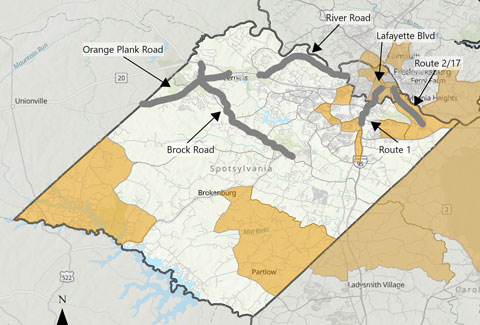 A map highlighting roads in Spotsylvania County, adjacent to Fredericksburg.