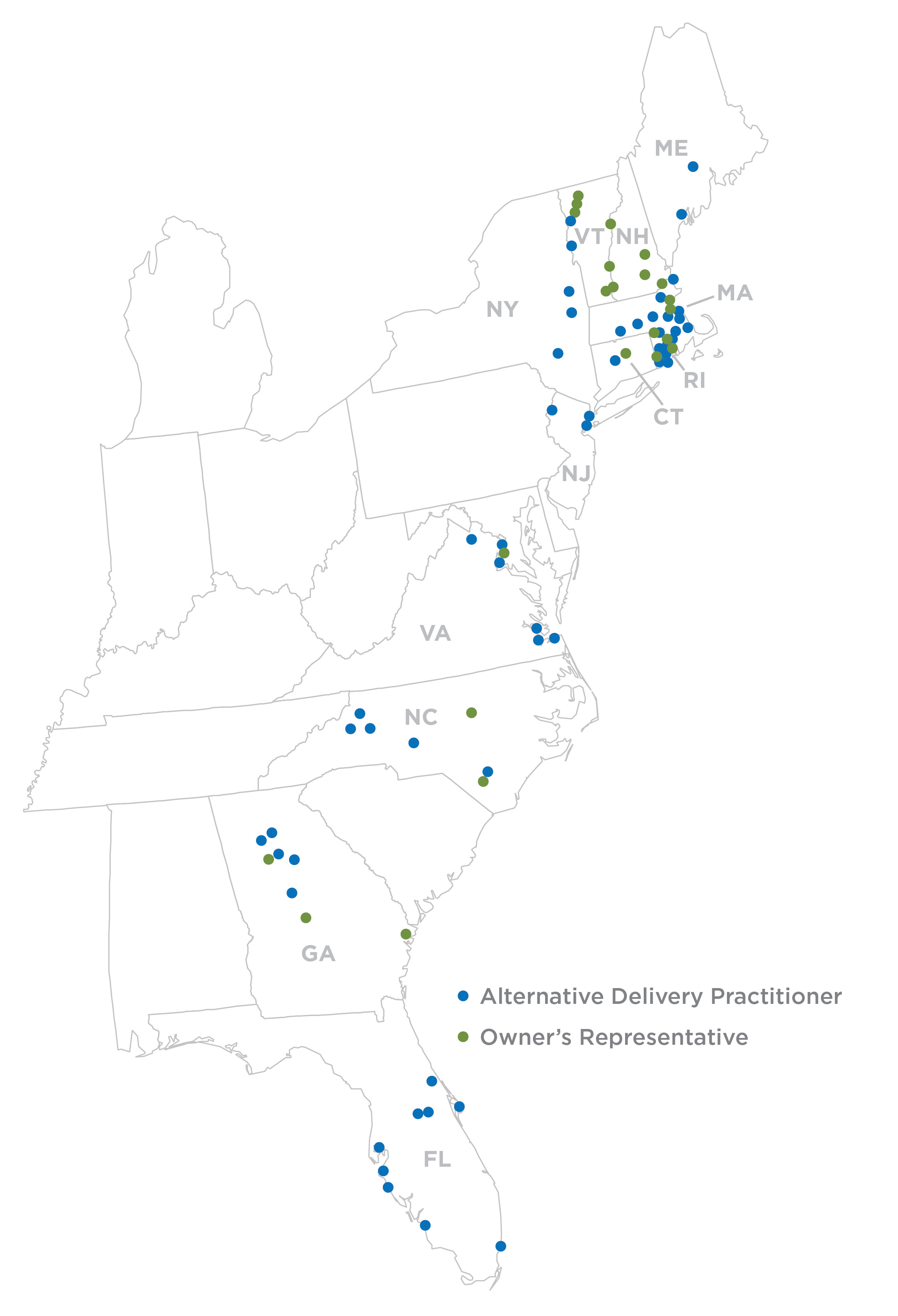 Map of East coast showing VHB extensive Design-Build experience