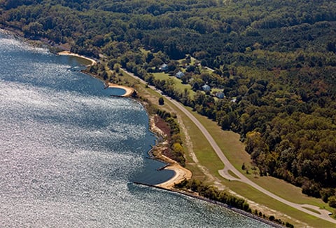 Aerial view of the three miles of stabilized shoreline.