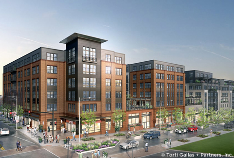 Rendering of a modern multi-story building with a brick facade, large windows, urban streetscape with pedestrians and cars.