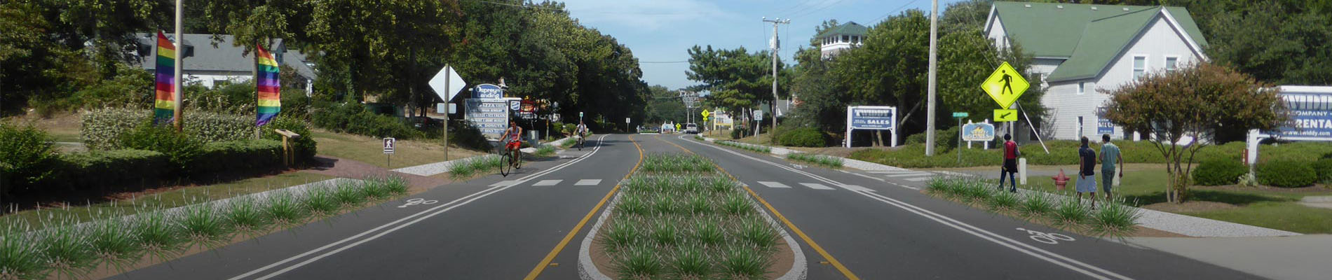 Rendering of Christopher Drive in the Town of Duck that showcases sidewalks, landscape buffers and a pedestrian crosswalk.