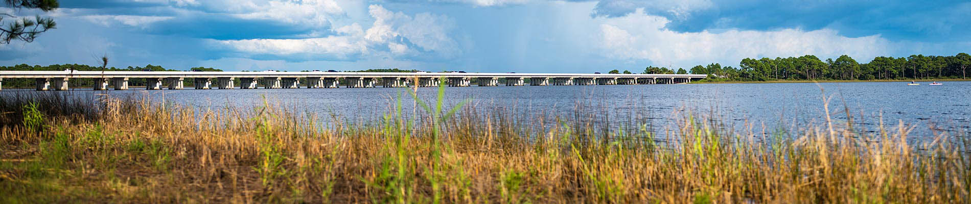 View from underneath a concrete bridge that spans a river