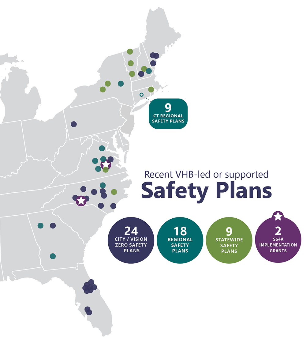 Map of the United States east coast that includes dots to represent the safety plans VHB has either led or assisted with.