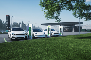 Electric vehicle charging with gas station background.