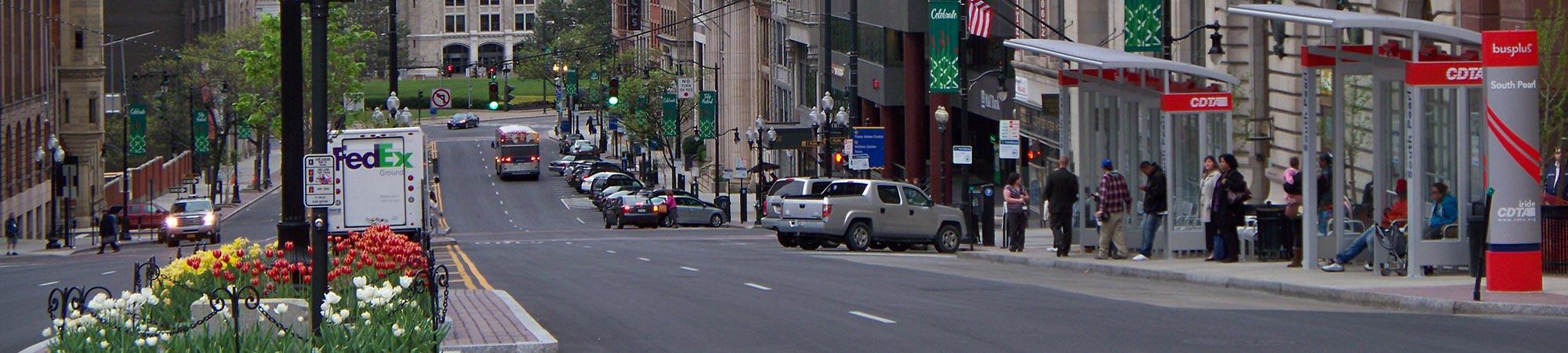 An intersection on State Street in downtown Albany.